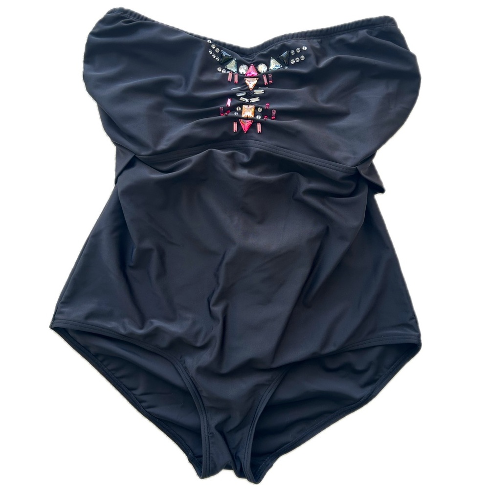 Ulla Popken Black Jeweled Strapless One Piece Swimsuit